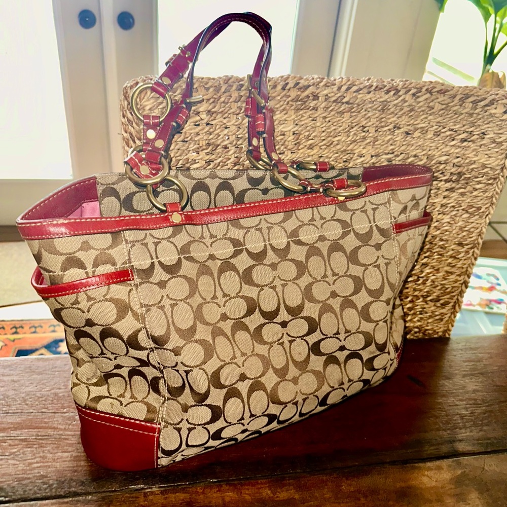 Red, Brown & Tan large Canvas Coach Tote bag!